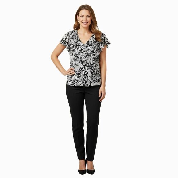 East 5th Tops - East 5th Black & Gray Animal Print Short Sleeve Ruffle Blouse